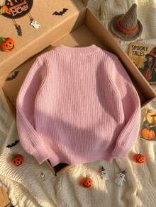 Girls Cute Ghost Embroidered Knit Pullover Sweater, Suitable For Halloween, Spring, Autumn, Winter - Pink - View 5
