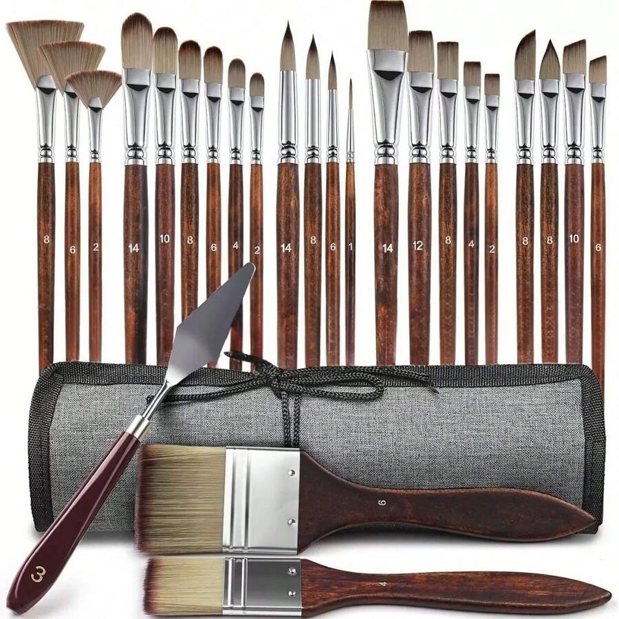 24pcs High-Quality Nylon Paint Brush Set With Portable Storage Bag, Watercolor Acrylic Painting Tools, Suitable For Artists, Travel Portable Art Set | Durable Paint Brushes With Storage Bag, Suitable For Professional Art Creation - Sets - View 1