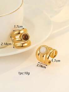 2pcs Stainless Steel Gold-Tone Open Rings Inlaid With White And Tiger Eye Gemstones, Suitable For Women As Accessory Or Gift - Yellow Gold - View 3