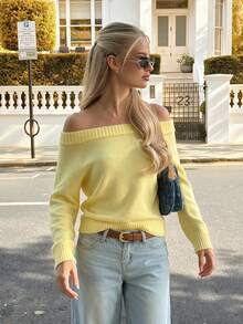 Women's Yellow Ribbed Knit Cold Shoulder Long Sleeve Sweater, Autumn/Winter Top - Yellow - View 4