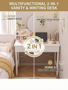 Modern White Dressing Table Makeup Vanity Desk With 2 Drawers & Round Mirror, Space-Saving Bedroom Furniture, Ideal Christmas Gift & New Year Home Decoration - White - View 5