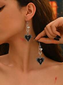 1 Pair Of Halloween Black Heart Cross Earrings, With A Dark And Cool Feel, Suitable For Gothic Style Dressing And Music Festival Jumping - Black - View 6