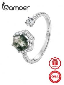 bamoer 1pc Hexagon Moss Agate Open Ring 925 Sterling Silver Twisted Band Halo Zirconia Adjustable Finger Ring Vintage Daily Party Jewelry Gift For Women - Silver - View 1
