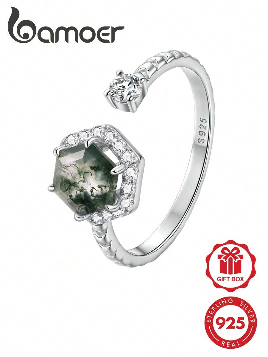 bamoer 1pc Hexagon Moss Agate Open Ring 925 Sterling Silver Twisted Band Halo Zirconia Adjustable Finger Ring Vintage Daily Party Jewelry Gift For Women - Silver - View 1