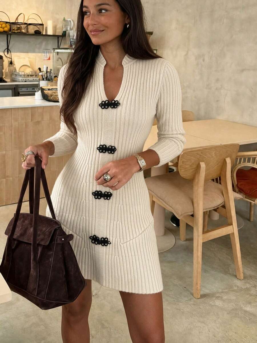 Women's Fall/Winter Oatmeal V-Neck Frog Button Soft Ribbed Knit Bodycon Mini Dress, Long Sleeve Cinched Waist Sexy Elegant Party Date Layering Wear - Apricot - View 1
