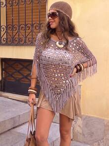 Summer Beach Cover-Up, Casual Holiday Solid Color Sequin Loose Hollow Shoulder Tassel Top, Suitable For Beach Party, Music Festival - Mauve Purple - View 1