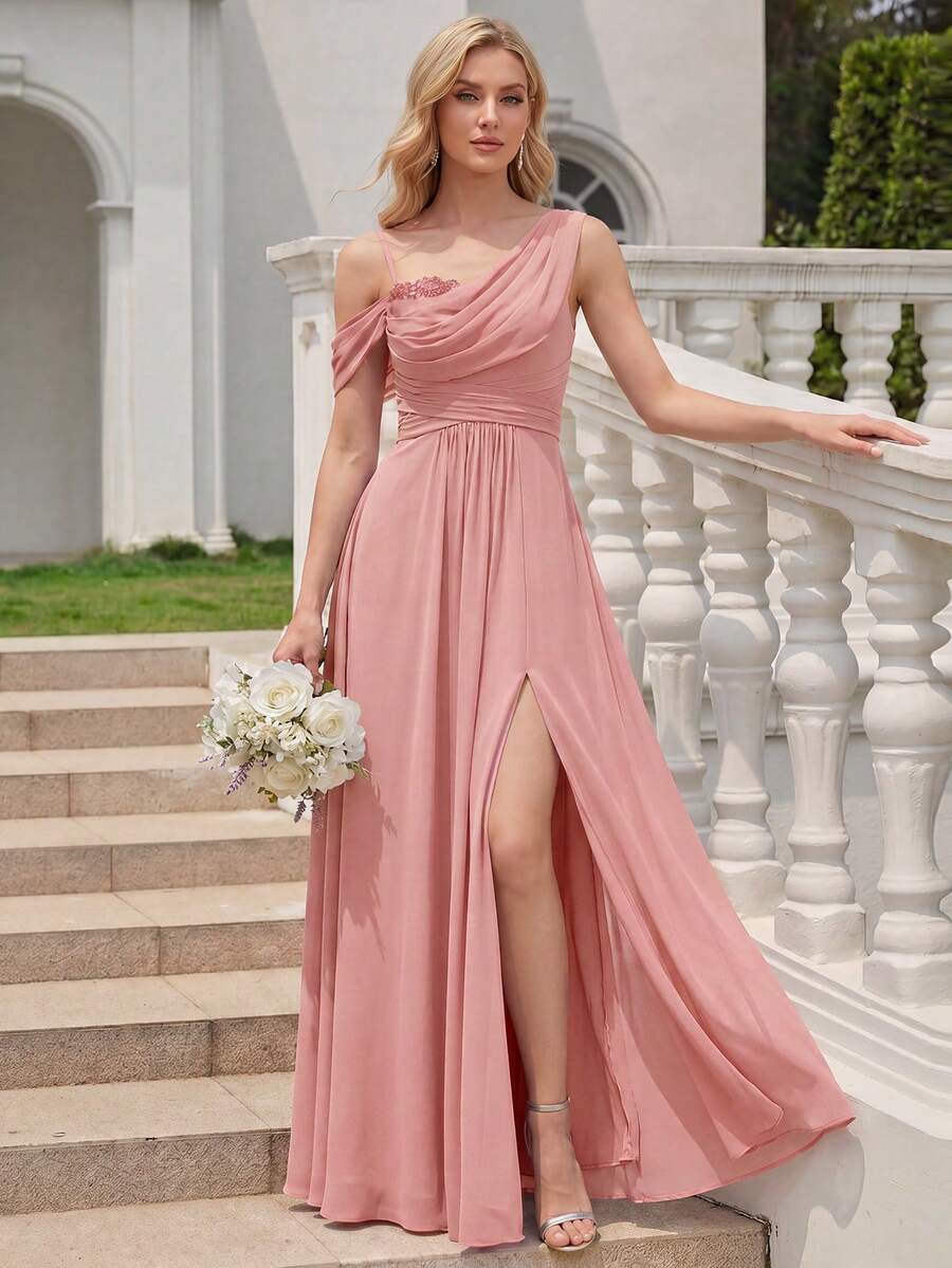 EVERPRETTY Romantic Bridesmaid Maxi Dress, Asymmetrical One-Shoulder Draped Neckline Pink Wedding Fall