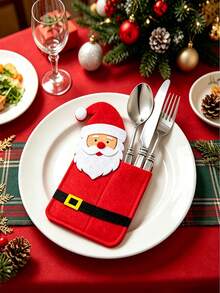 1pc Cute ChristmasTableware Storage, Santa Claus, Reindeer, Snow Man Designs, Christmas Tableware Holder, Placemat, Silverware Pocket, Party Table Decoration, Adding Color To Your Holiday Party Table - Multicolor - View 1