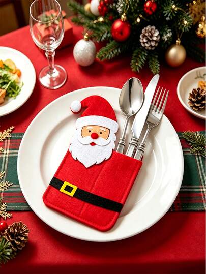 1pc Cute ChristmasTableware Storage, Santa Claus, Reindeer, Snow Man Designs, Christmas Tableware Holder, Placemat, Silverware Pocket, Party Table Decoration, Adding Color To Your Holiday Party Table