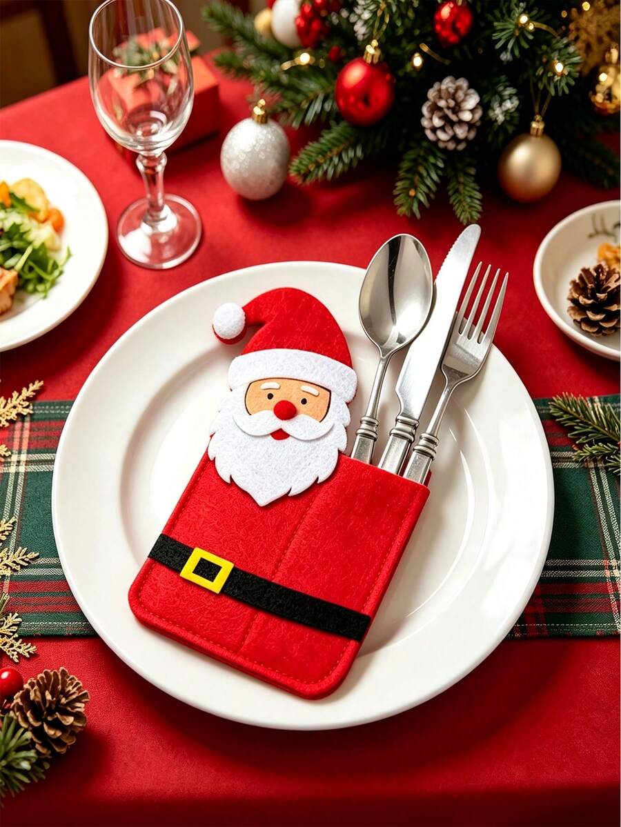 1pc Cute ChristmasTableware Storage, Santa Claus, Reindeer, Snow Man Designs, Christmas Tableware Holder, Placemat, Silverware Pocket, Party Table Decoration, Adding Color To Your Holiday Party Table - Multicolor - View 1