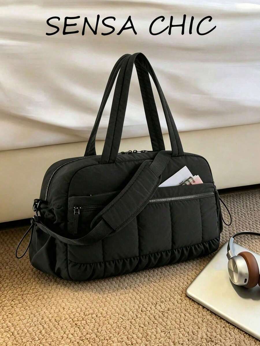 Travel Bag With Quilted Plaid Pattern, Ruched Hem And Metal Zipper Decor, Handheld And Crossbody Multi-Compartment Storage For Clothes And Digital Accessories, Zipper Closure, Minimalist Puff Style, Travel And Gym Bag, Unisex Short Trip, Sports And Commute, Practical Luggage Bag - Black - View 1
