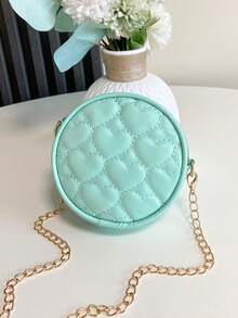 1pc Zipper Closure PU Leather Embroidered Heart Children's Shoulder Bag, Solid Color Embroidered Chain Small Round Bag For Girls - A - View 11