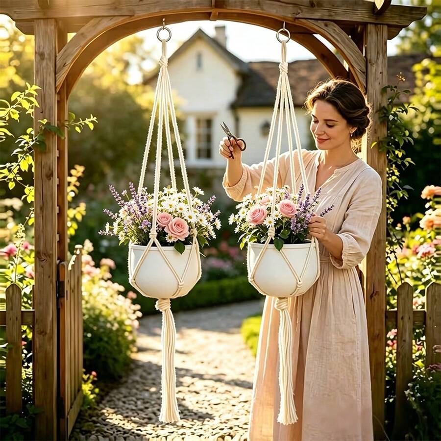 2pcs/4pcs Bohemian Style Handmade Woven Cotton Rope Plant Hanging Basket, Hanging Flower Pot Basket Net Rack, Heavy Duty Indoor Outdoor Home Bedroom Living Room Garden Balcony Patio Storage Decorative Hanging Net - Macrame Hanging Chair - View 1