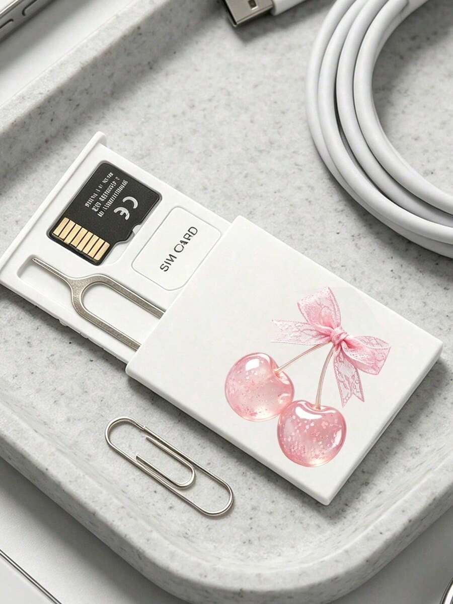 Lace Crystal Cherry Print Card Holder, SIM Card Pin Slot, Comes With SIM Card Pin. Cherry Print Portable SIM Card Storage Box, Phone Card Holder, SIM Card And SD Card Storage Box With Strap, Travel Storage Box, Compact And Lightweight, Ideal For Storing Spare SIM Cards When Changing Phone Numbers For Smartphones, Tablets And Other Devices, Also A Great Gift. Suitable For Back To School Season, Back To School, Teacher's Day - Multicolor - View 1