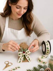 4.5m Vintage Holly Print Ribbon, Suitable For Gift Wrapping, Holiday Party Celebration Bow Decoration, Also For Sewing DIY Handmade Crafts - Multicolor - View 10