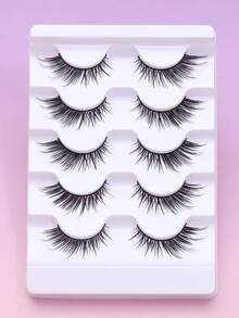 5 Pairs Fox‑Eye Wing‑Tipped Full‑Strip False Eyelashes, Natural Outer‑Corner Extended Korean‑Style Lashes, Soft Wispy Upswept Eyelashes, Eye‑Lifting Glam For Daily Dating & Night‑Out Makeup Look - Black - View 2