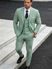 Men's Gentleman Minimalist Slim Fit Single-Breasted Business 3 PiecesSuit Set, Including Blazer, Vest And Trousers, Wedding Party Ball Old Money Style - Olive Green - View 10
