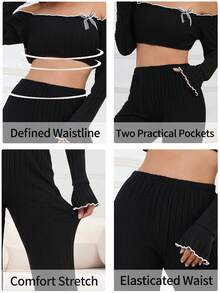 Women's Spring Autumn Winter Sweet Bow Fashion Ruffle Lace Solid Color Slim Fit Sexy Off-Shoulder Bell Sleeve Long Sleeve Casual Double Pocket Pants Comfortable Loungewear 2-Piece Set - Black - View 10