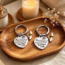 2pcs Fresh Artistic Engraved Heart Rainbow Metal Keychain, Luggage Charm, Backpack Pendant, Warm Healing Gift For Best Friends, Sisters, Brothers, Birthday Party Favor - Silver - View 5