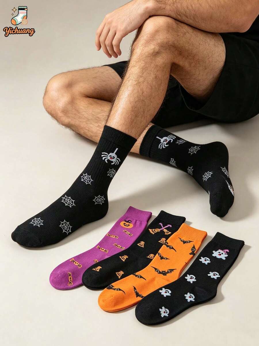 5 Pairs Men's Mid-Calf Socks, Original Funny Ins Halloween Socks, Autumn/Winter Couple Versatile Long Socks - Multicolor - View 1