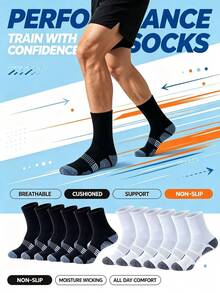 6/22 Pairs Men's Thick Mid-Calf Sports Socks, Non-Slip Shock-Absorbing Running Socks, Moisture-Wicking Breathable Durable Outdoor Training Long Socks - Multicolor - View 1