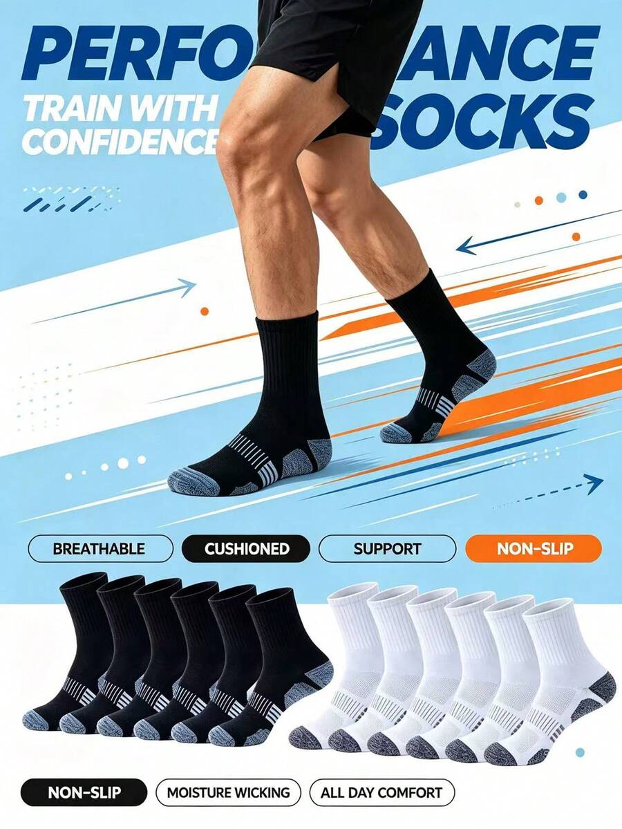 6/22 Pairs Men's Thick Mid-Calf Sports Socks, Non-Slip Shock-Absorbing Running Socks, Moisture-Wicking Breathable Durable Outdoor Training Long Socks - Multicolor - View 1