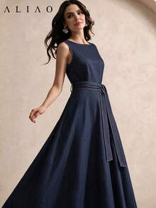 Aliao Old Money Denim-Look Color Block Sleeveless A-Line Dress, Retro Party Wedding Date Vacation Formal Mini Dress, Summer - Navy Blue - View 2