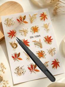 1 Set, Journaling Supplies, Stickers For Laptop, Gold Foil Plant Illustration, Delicate Autumn Maple Leaf Design, Luxe Fall Vibe, Thin Gold Line Embellished, Nail Art Decals, Multi-Scene Decor Stickers - SN-1084 - View 6