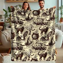 1pc Vintage Halloween Flannel Throw Blanket, Nostalgic Sketch Style Pumpkin Lantern, Witch Hat, Black Cat, Bat, Cauldron And Dead Tree Pattern, Soft And Warm Printed Blanket, Suitable For Sofa, Bed And Halloween Home Decor - Multicolor - View 1