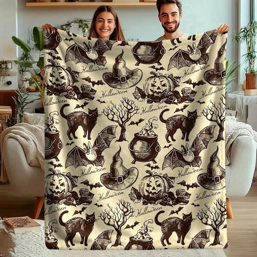 1pc Vintage Halloween Flannel Throw Blanket, Nostalgic Sketch Style Pumpkin Lantern, Witch Hat, Black Cat, Bat, Cauldron And Dead Tree Pattern, Soft And Warm Printed Blanket, Suitable For Sofa, Bed And Halloween Home Decor - Multicolor - View 1