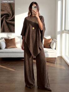 Women's Spring/Autumn Solid Color Elegant Sheer Cape Outerwear And Leggings Set, Suitable For Daily Commute, Vacation, Dating - Brown - View 1