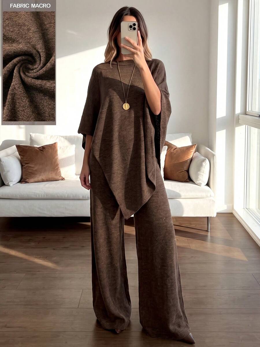 Women's Spring/Autumn Solid Color Elegant Sheer Cape Outerwear And Leggings Set, Suitable For Daily Commute, Vacation, Dating - Brown - View 1