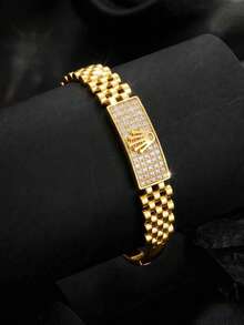 1pc Unisex Versatile Watch Style Pave Bangle, 18K Gold Plated Stainless Steel, Daily Wear Gift For Men & Women - Gold - View 4