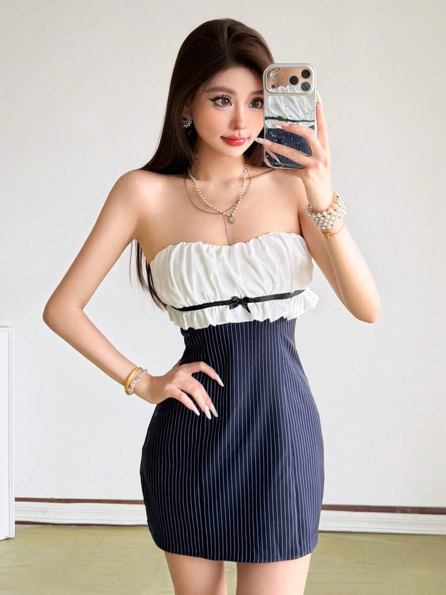 Top Dazzle Casual Pinstripe Tube Top Mini Dress With Ruffled Bustier And Backless Detail For A Chic And Flirty Look - Blue - View 1