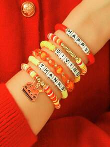6pcs/Set Thanksgiving Letter Beaded Crystal Polymer Clay Bracelets With Turkey Pendant, Autumn Thanksgiving Jewelry Gift For Girls - Multicolor - View 2