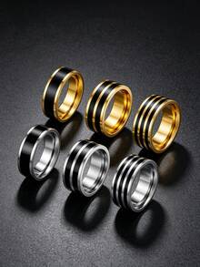 6PCS Fashion Striped Stainless Steel Men's Rings, Light Luxury Simple Business Bands, Couple Engagement Promise Jewelry For Daily Banquet & Gift - Multicolor - View 3