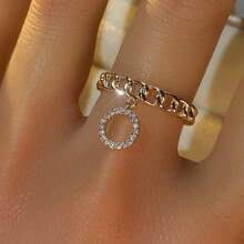 1pc Cuban Chain Circle Pendant Open Ring For Women, Thick Chain Hollow Circle Pendant Adjustable Finger Ring, Luxury Style For Date, Party, Anniversary Gift - Open Ring - View 4