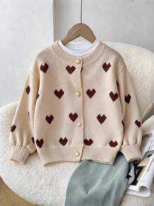 enmi bear Young Girl Knit Cardigan Cute Heart Pattern Sweater Jacket, Long Sleeve Lantern Sleeve Top, Korean Style - Khaki - View 1