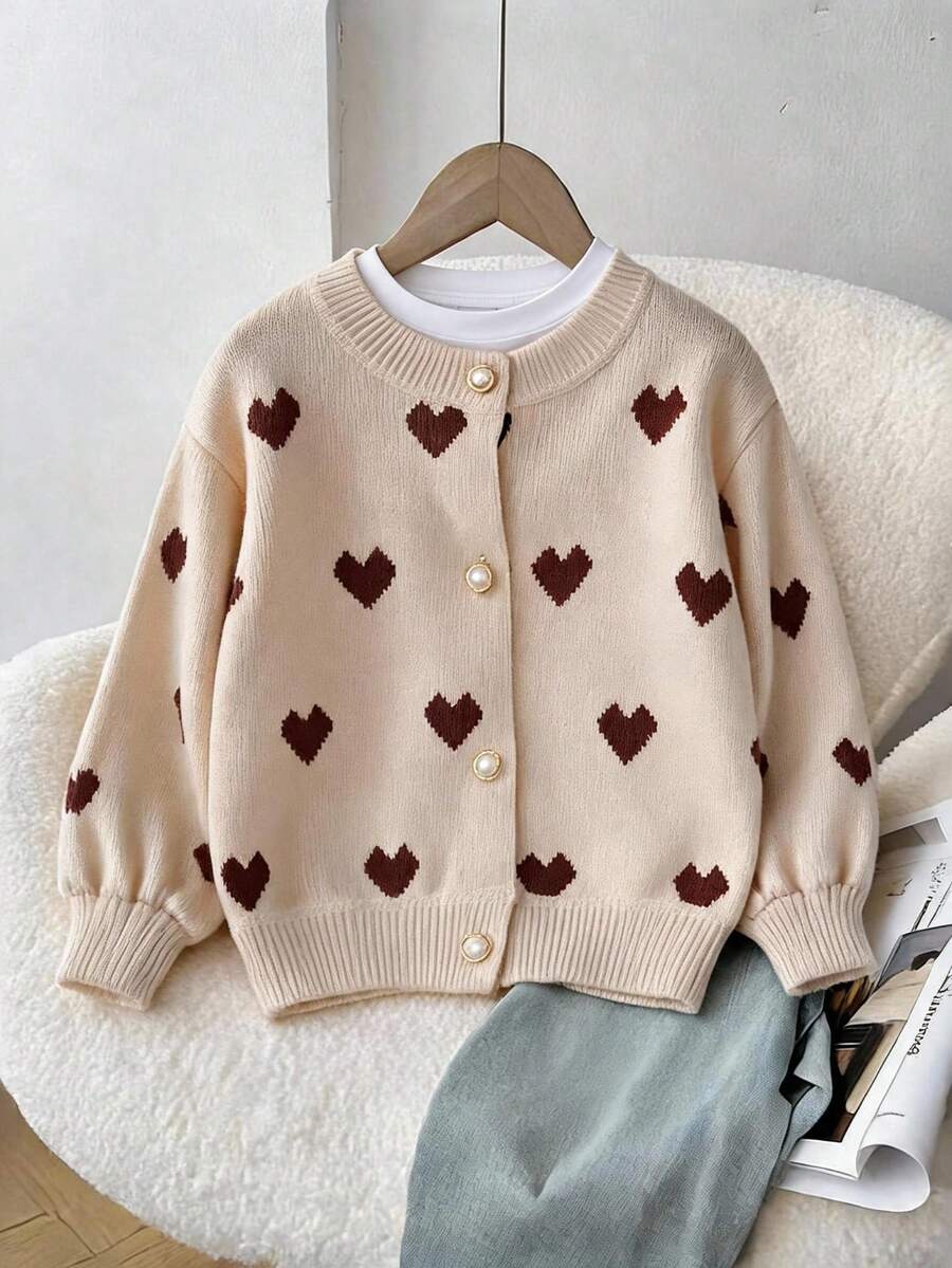 enmi bear Young Girl Knit Cardigan Cute Heart Pattern Sweater Jacket, Long Sleeve Lantern Sleeve Top, Korean Style - Khaki - View 1