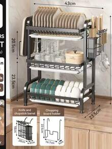1 pieza Estante de cocina grande de 3 niveles con drenaje rápido, soporte para cuchillos y tenedores, estante para tabla de cortar, organizador de utensilios de mesa multifuncional para tazones y platos, estante de metal elegante, suministros de cocina duraderos, estante de almacenamiento de cocina - Negro - Ver 10
