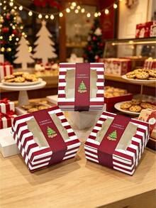 4pcs/12pcs Holiday Window Gift Boxes, Christmas Striped Square Dessert Boxes, Red & Green Santa Tree Design, Party Favors, Cookies & Small Gifts Box - View 5