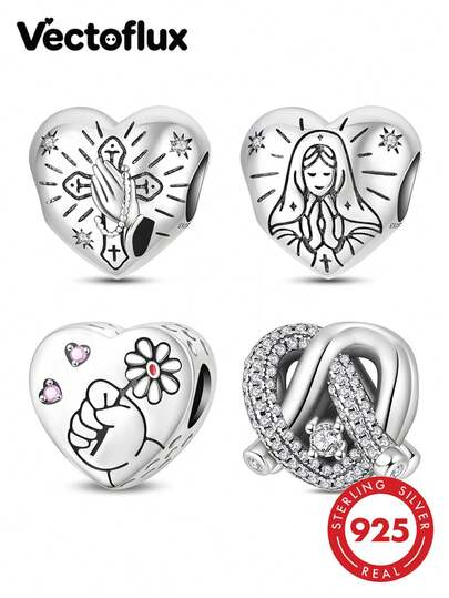 Vectoflux 1 pièce Perle en forme de cœur fleur d'amour infini de prière de saint en argent sterling S925, convient pour bracelet original, collier, porte-clés, fabrication de pendentif DIY, cadeau pour femmes, convient pour anniversaire, fête, cadeau de vacances