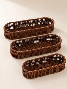 1pc Woven Rattan Storage Tray Basket, Aesthetic Home Storage Box, Suitable For Kitchen, Bathroom, Vanity, Bedroom And Office, Rectangular Desktop Organizer, Can Hold Tableware, Cosmetics, Jewelry, Snacks, Tea Bags, Keys And Daily Essentials, Autumn Winter Home Decor - Brown - View 2