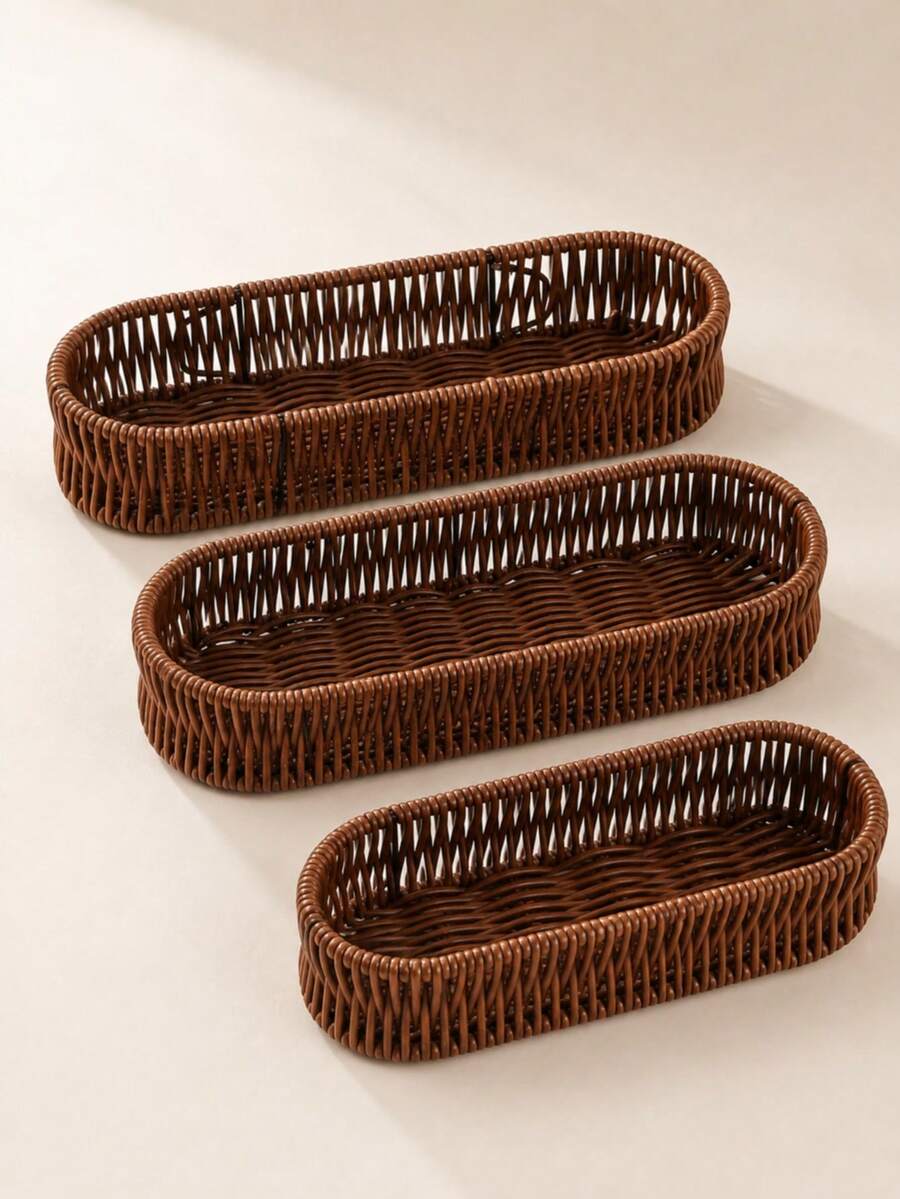 1pc Woven Rattan Storage Tray Basket, Aesthetic Home Storage Box, Suitable For Kitchen, Bathroom, Vanity, Bedroom And Office, Rectangular Desktop Organizer, Can Hold Tableware, Cosmetics, Jewelry, Snacks, Tea Bags, Keys And Daily Essentials, Autumn Winter Home Decor