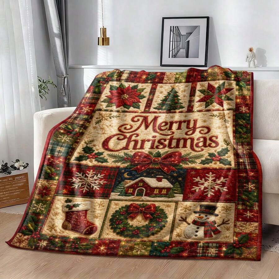 1件裝柔軟舒適法蘭絨毯，附聖誕元素與Merry Christmas文字，保暖披毯，多色，適用於床鋪、沙發、露營、旅行，附邊框，完美聖誕禮物 - 彩色 - 查看 1
