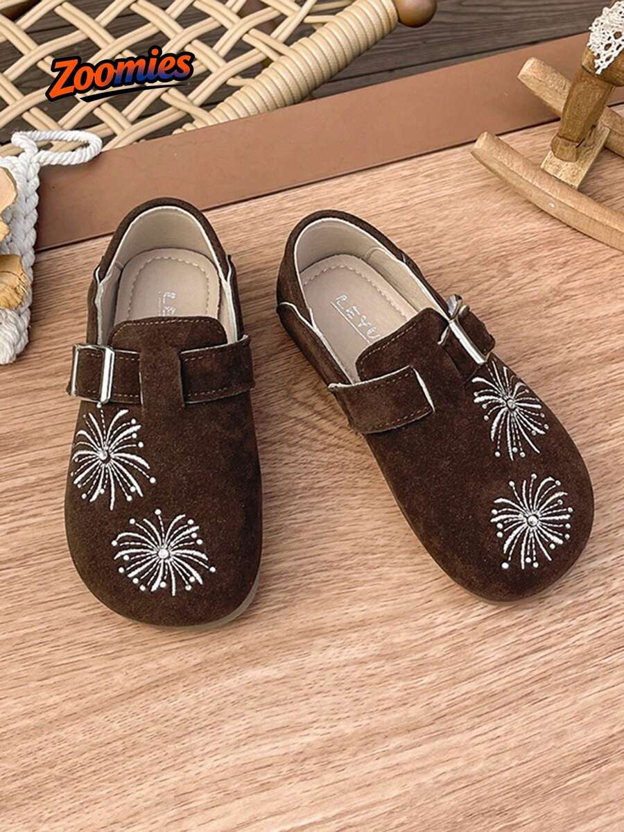 可愛時尚女童平底鞋,煙花刺繡裝飾,經典百搭輕量柔軟,適合日常、上學、度假穿著 - 棕色 - 查看 1