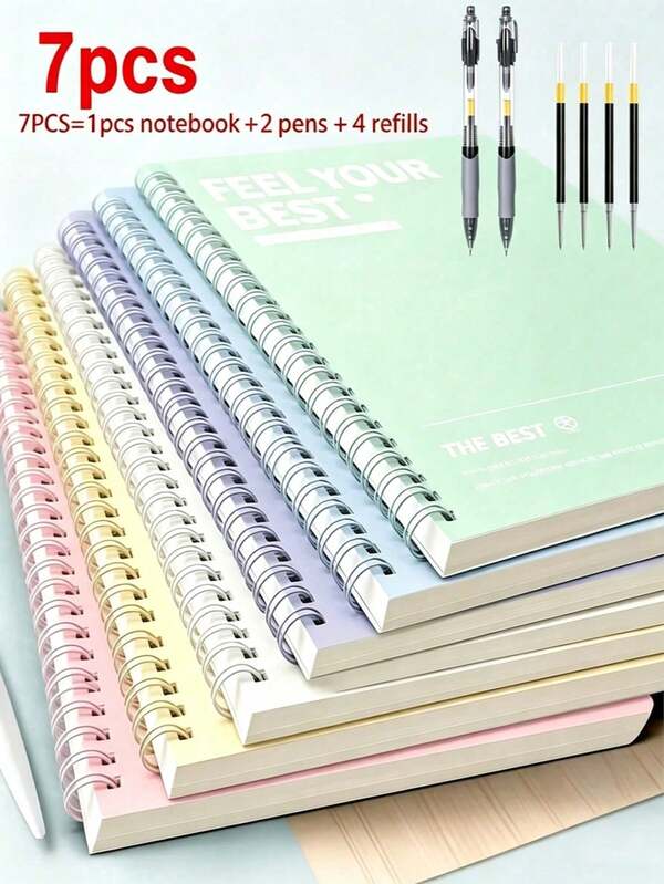 7-In-1 Stationery Set | A5 Hardcover Spiral Notebook, 0.5mm Ballpoint Pen & Refills, Smooth Writing & Detachable Pages, School & Office Supplies, Student Stationery, Daily Writing, Note-Taking, (1 Notebook + 2 Pens + 4 Refills)