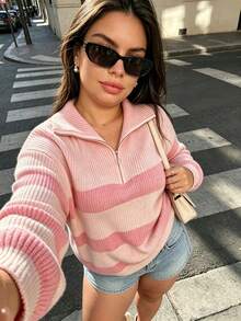 大尺碼女款秋冬新款方領拉鍊條紋針織毛衣，時尚高端極簡可愛優雅套頭衫，百搭粉色秋季款 - 粉色 - 查看 9