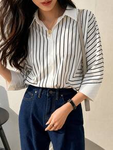 Women's Single-Breasted Casual Loose Striped Mid-Sleeve Shirt - Apricot - View 1