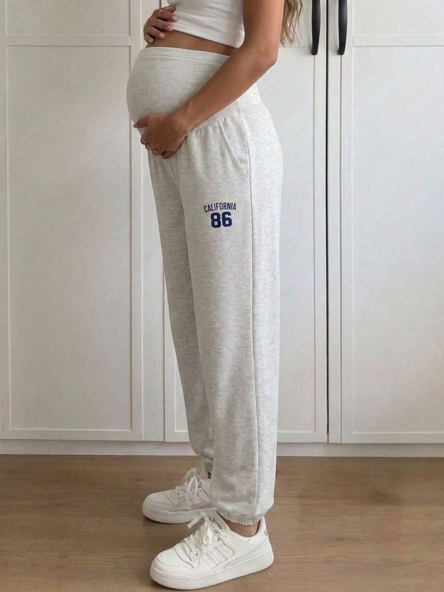 Maternity Knit Fabric Joggers With Pockets, High Elasticity Loose Long Sweatpants, Suitable For Autumn Wear - Grey - View 1